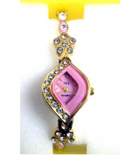 Diamond Shape Designer Dial Ladies Wrist Watch, Analog Quartz Watch, American Diamond Crafted Chain, Gold and Pink Color 